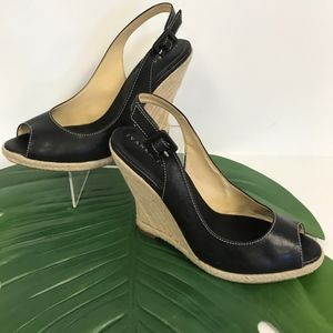Ivanka Trump - Black Leather Jute Wedge Sandals